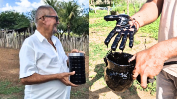 Agricultor que encontrou possível petróleo no CE estranhou material que jorrou no quintal e fez teste caseiro: 'Água não pega fogo'