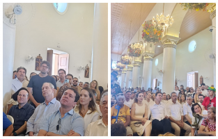 Pré-candidatos ao governo do Ceará, Elmano de Freitas e Ciro Gomes participam da festa do Pau da Bandeira em Barbalha