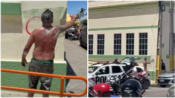 Homem é preso por pichar prédios públicos com símbolos de facção e pinta muro diante de policiais